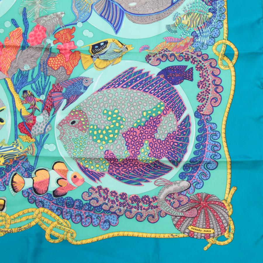 エルメス シルクスカーフ カレ90 Grands Fonds 深海 美品 エルメス HERMES カレ90 Grands Fonds 深海 大判スカーフ 魚