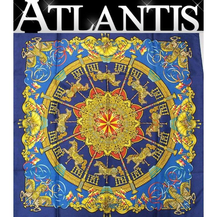 美品 エルメス HERMES カレ90 LUNA PARK 遊園地 大判スカーフ 馬 メリーゴーランド シルク100% 青系 ブルー 【76548】 | 