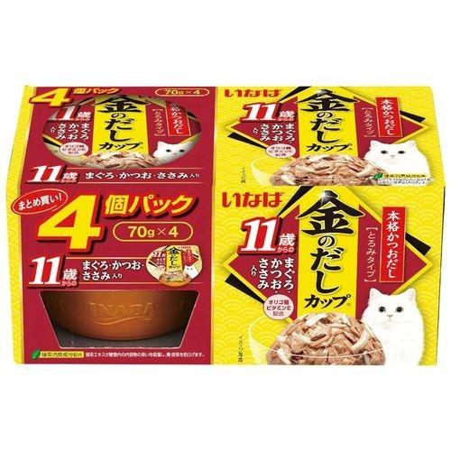 (送料無料・まとめ買い×12個セット)いなば 金のだしカップ 4個パック 11歳からのまぐろ・かつお・ささみ入り(70g×4コ入) 1個
