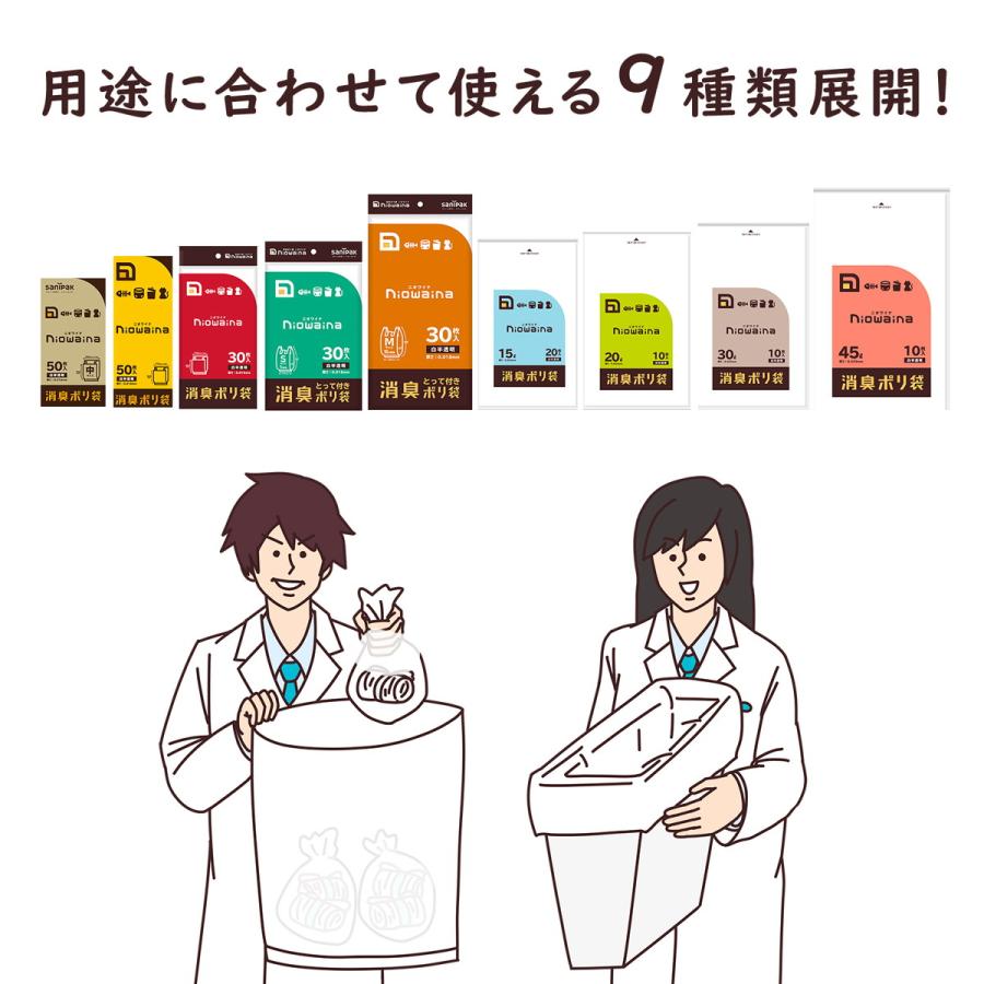 (送料無料・まとめ買い×60個セット)日本サニパック SS30 ニオワイナ 消臭袋 白半透明 30L 10枚入 1個の画像