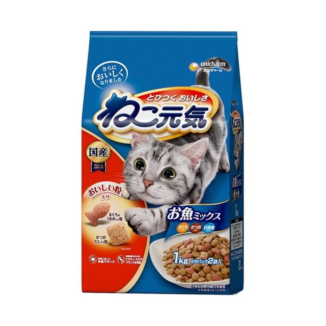 (送料無料・まとめ買い×10個セット)ユニ・チャーム ねこ元気 全成長段階用 お魚ミックス まぐろ かつお 白身魚 入り 1kgの画像
