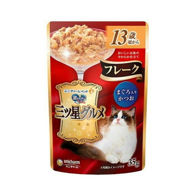 (送料無料・まとめ買い×160個セット)ユニ・チャーム 三ツ星フレーク 13歳頃から まぐろかつお 35gの画像