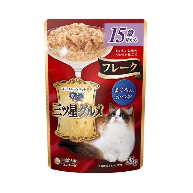 (送料無料・まとめ買い×160個セット)ユニ・チャーム 銀のスプーン 三ツ星グルメ パウチ フレーク 15歳頃から まぐろ入り かつお 35gの画像