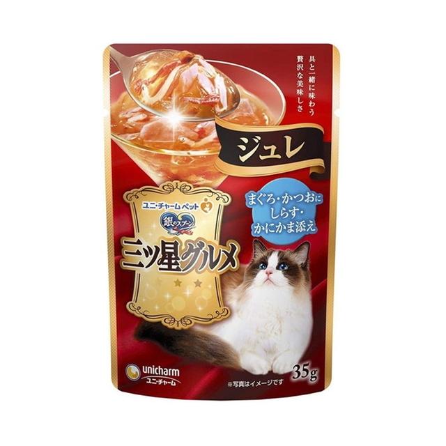 (送料無料・まとめ買い×160個セット)ユニ・チャーム 銀のスプーン 三ツ星グルメ パウチ ジュレ まぐろ かつお  しらす かにかま 添え 35gの画像