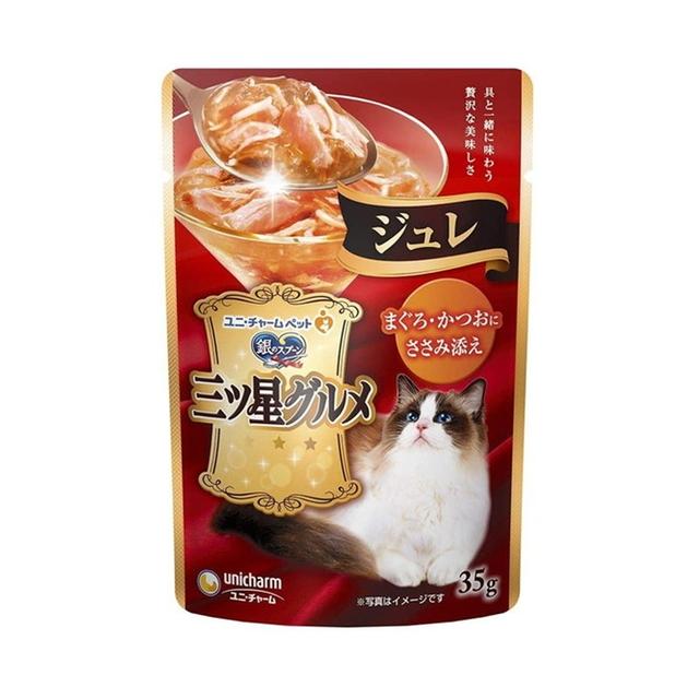 (送料無料・まとめ買い×160個セット)ユニ・チャーム 銀のスプーン 三ツ星グルメ パウチ ジュレ まぐろ かつお ささみ 添え 35gの画像