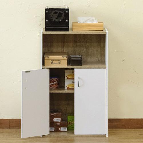 木製 キャビネット 棚付き 2扉 両開き オープンシェルフ ラック 収納