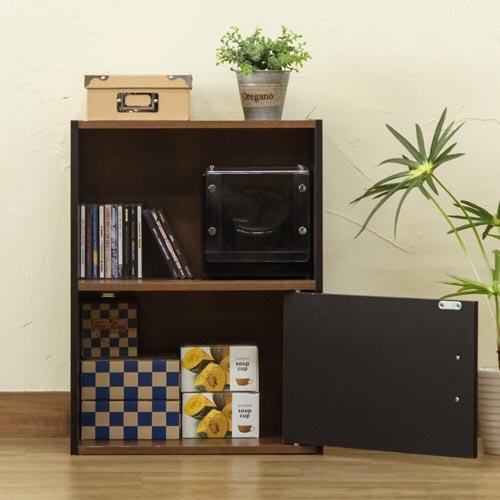 木製 2段 扉付き 収納 棚 オープン ラック 本棚 幅41×D31×H54cm
