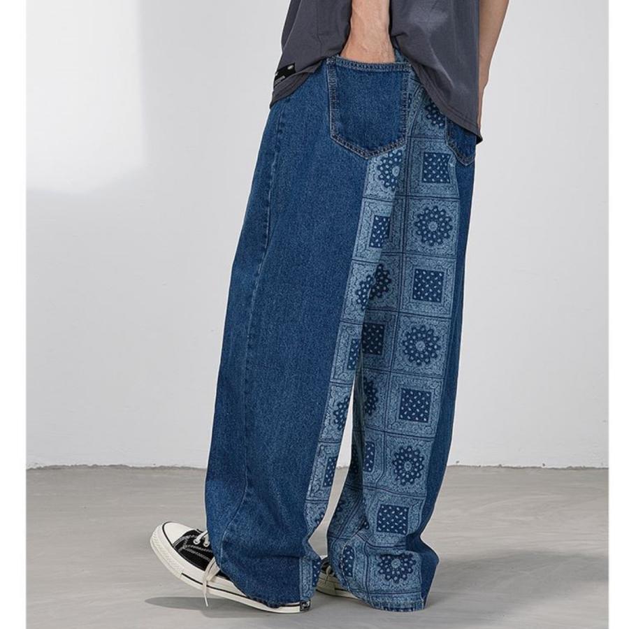 ペイズリー配色デニム ワイドパンツ ジーンズ バンダナ柄 抜染プリント メンズ バッセン ストリートファッション ゆったり ボトムス Belle M Rvelous 通販 Yahoo ショッピング