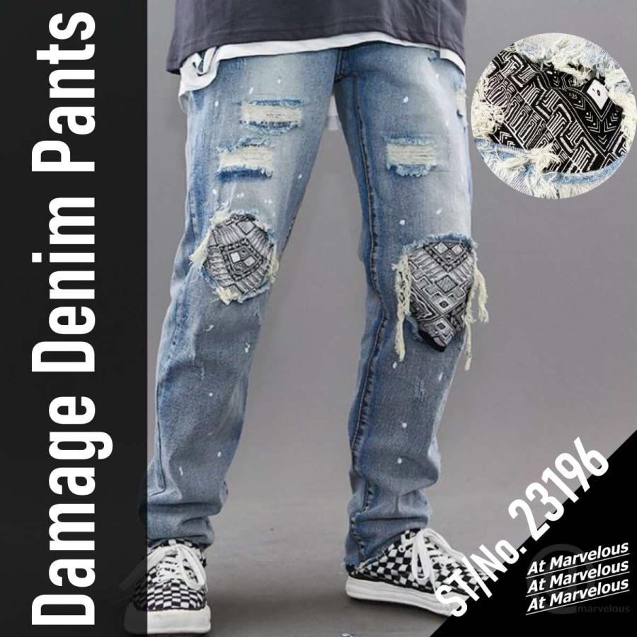 ダメージジーンズ メンズ デニム ネイティブ柄 ストリート系 デニムパンツ ストリートファッション ジーンズ Gパン オルテガ カジュアル デニム Zutty 通販 Yahoo ショッピング