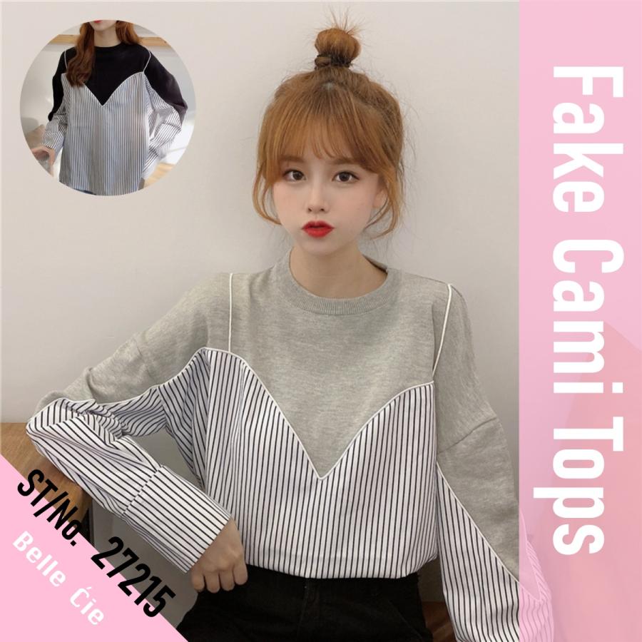 フェイクキャミレイヤード トップス レディース キャミソール ビスチェ ストライプ配色 Tシャツ 異素材切り替え 韓国ファッション Belle M Rvelous 通販 Yahoo ショッピング