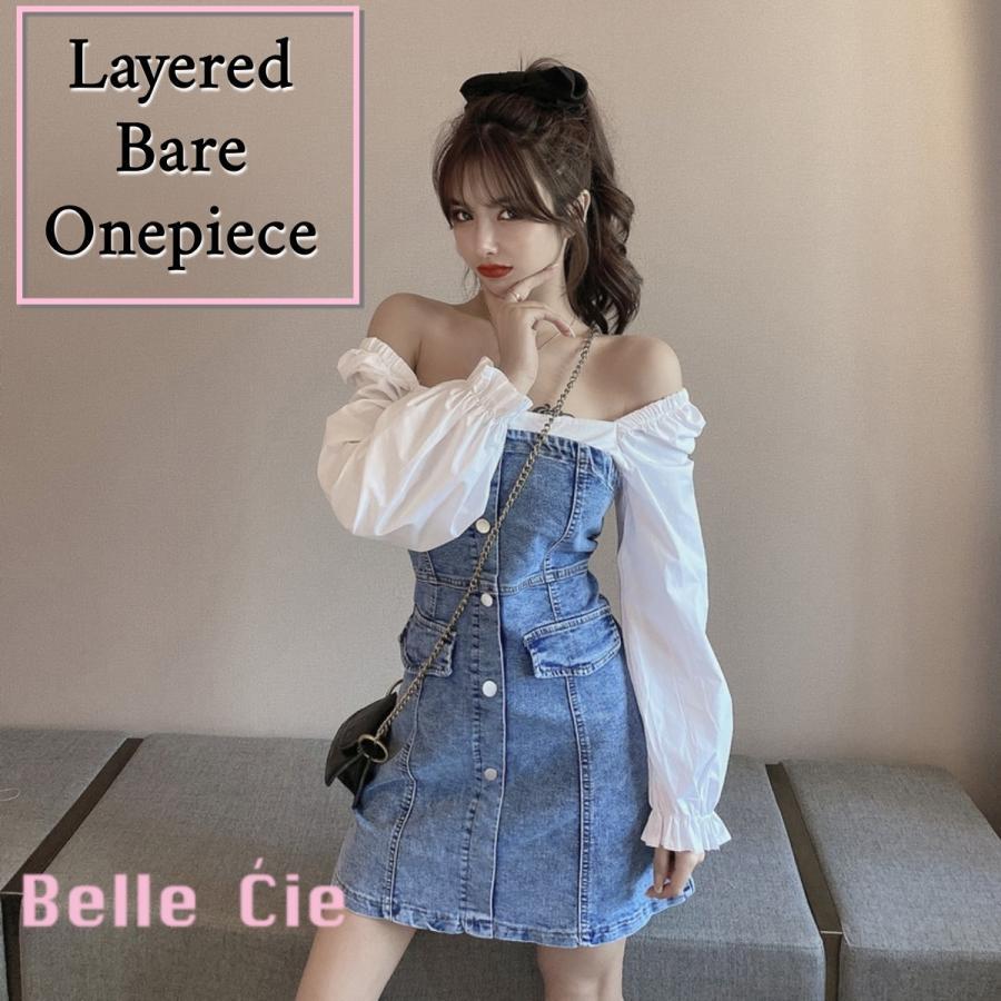 フェイクレイヤードデニムワンピース レディース ストレッチデニム 韓国ファッション スクエアネック ジャンスカ ベアワンピ Belle M Rvelous 通販 Yahoo ショッピング