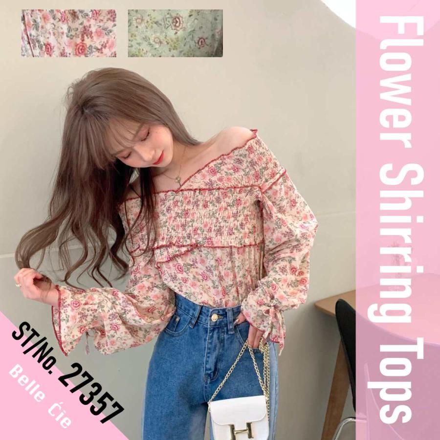 オフショル花柄シャーリングトップス オフショルダー レディース シフォン ブラウス 韓国ファッション フラワー ガーリー フェミニン セクシー 甘辛 Zutty 通販 Yahoo ショッピング