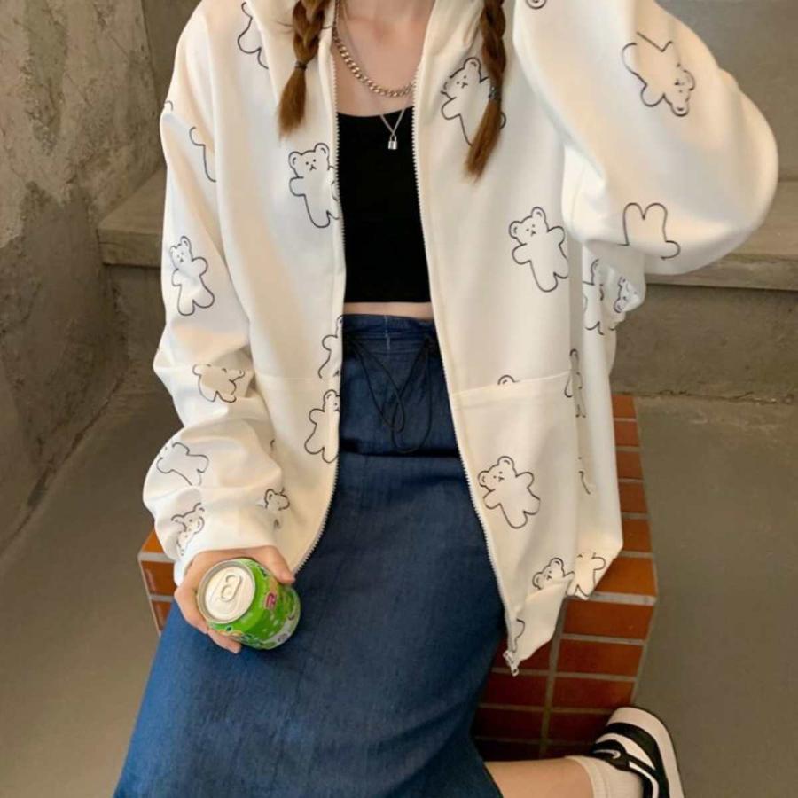 くまパーカー レディース 韓国ファッション かわいい フード パーカ シンプル 白 ビッグパーカー 原宿 韓国系 ベルシー Zutty 通販 Yahoo ショッピング