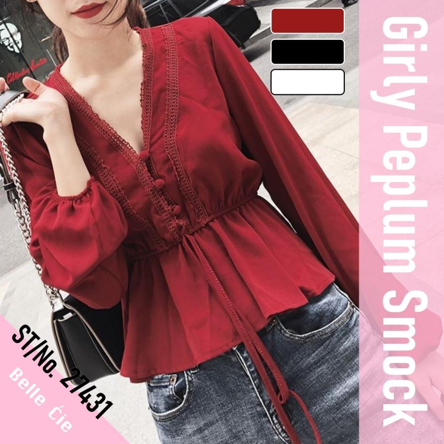 レース配色 ガーリー ペプラム スモック レディース トップス ブラウス フレア フェミニン 韓国ファッション レース使い オフィス カジュアル Zutty 通販 Yahoo ショッピング