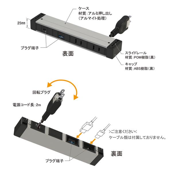 カセット式コンセント　3口タイプ（規格：電源・電源・USB-C）(机下固定・延長コード・RoHS2対応品) 【過】