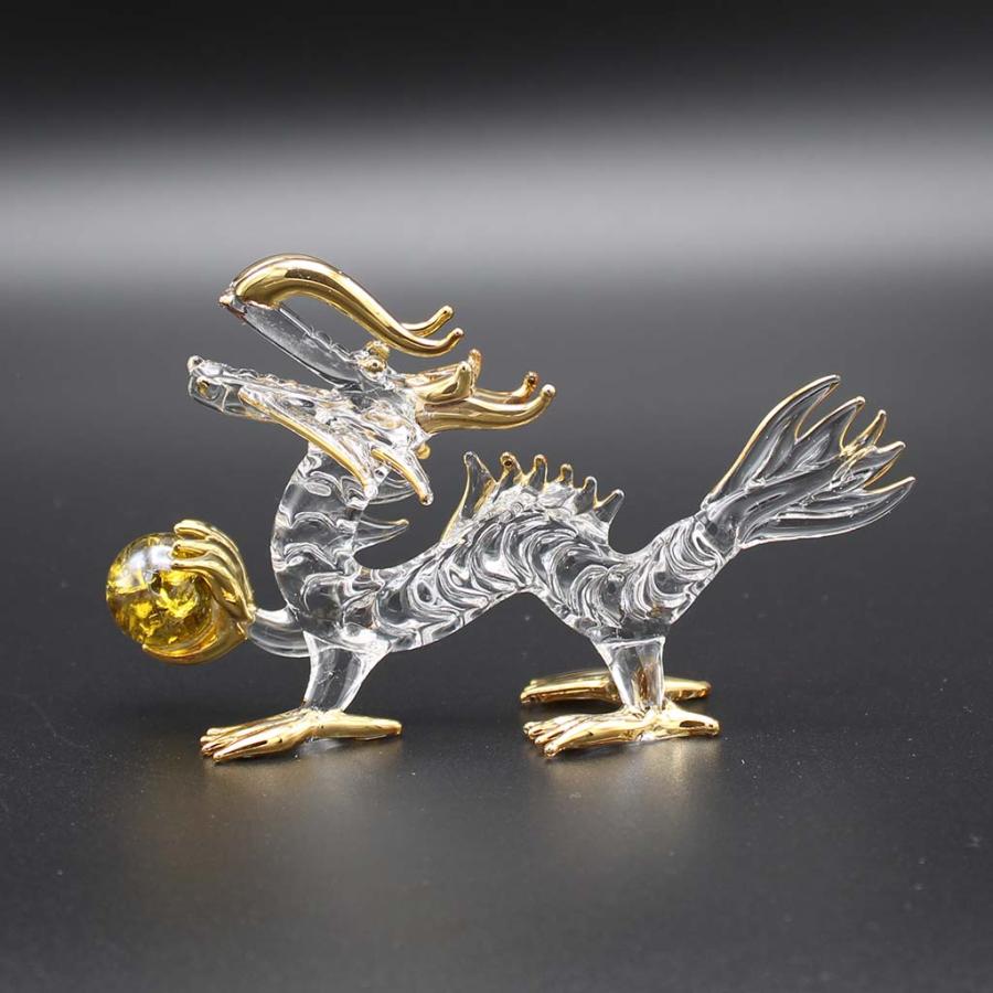 龍の置物 金運玉持ち ガラス細工 風水 縁起物 金彩色 黄色 おしゃれ