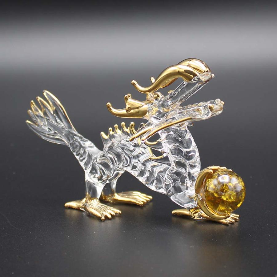 龍の置物 金運玉持ち ガラス細工 風水 縁起物 金彩色 黄色 おしゃれ