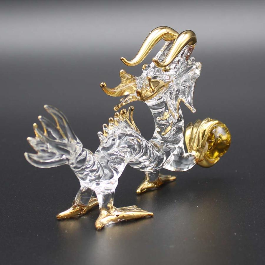 龍の置物 金運玉持ち ガラス細工 風水 縁起物 金彩色 黄色 おしゃれ