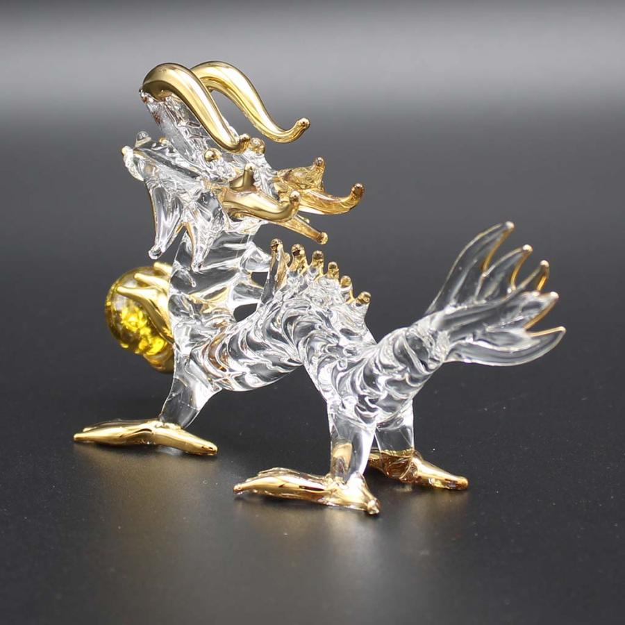 龍の置物 金運玉持ち ガラス細工 風水 縁起物 金彩色 黄色 おしゃれ