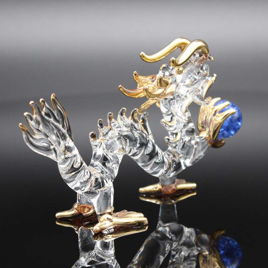 龍の置物 仕事運玉持ち ガラス細工 風水 縁起物 金彩色 青色