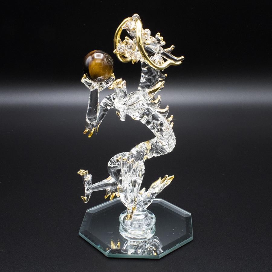 昇龍 ガラス細工 龍の置物 15cm タイガーアイ丸玉 風水 縁起物 昇龍 ガラス細工 龍の置物 15cm タイガーアイ丸玉 風水 縁起物
