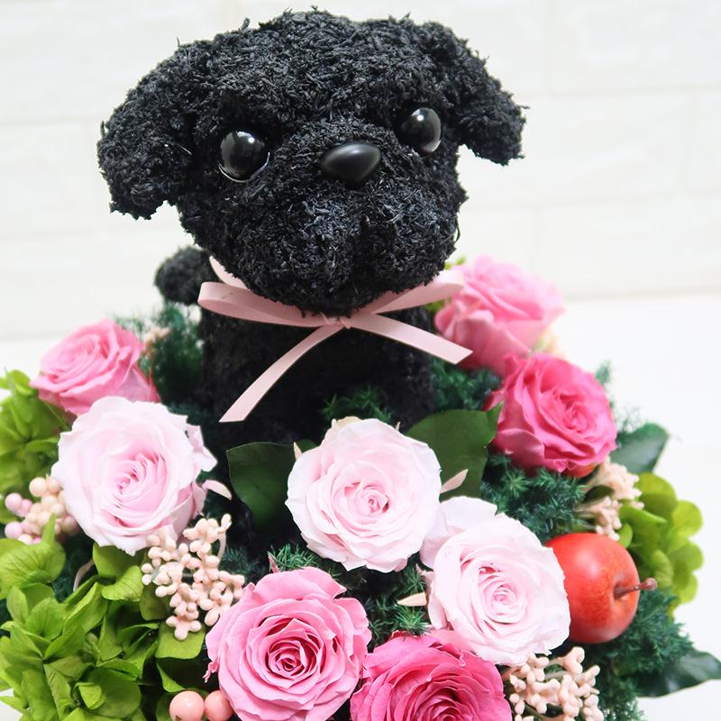 プリザーブドフラワーアレンジ犬 黒パグ Cute 結婚祝い 誕生日 ギフト プレゼント 開店祝い 動物病院開院祝い ペットのお悔やみ_1
