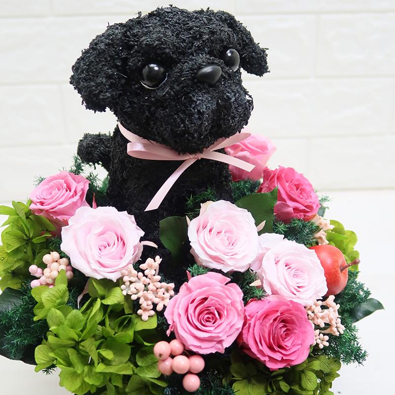 プリザーブドフラワーアレンジ犬 黒パグ Cute 結婚祝い 誕生日 ギフト プレゼント 開店祝い 動物病院開院祝い ペットのお悔やみ_2