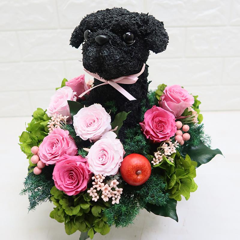 プリザーブドフラワーアレンジ犬 黒パグ Cute 結婚祝い 誕生日 ギフト プレゼント 開店祝い 動物病院開院祝い ペットのお悔やみ_4