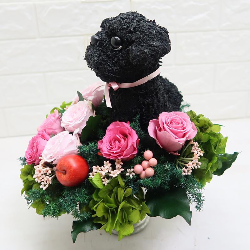 プリザーブドフラワーアレンジ犬 黒パグ Cute 結婚祝い 誕生日 ギフト プレゼント 開店祝い 動物病院開院祝い ペットのお悔やみ_5