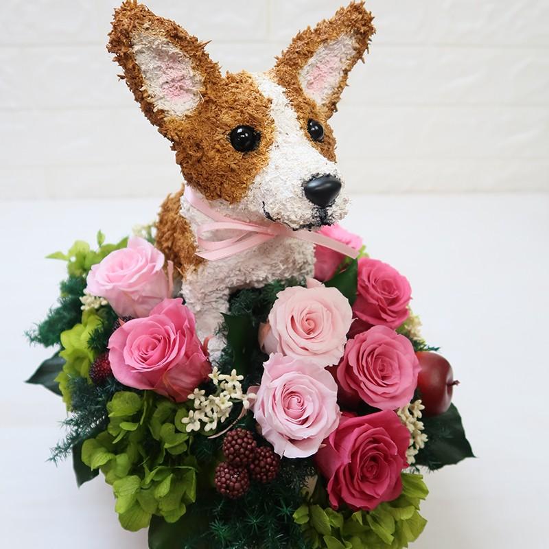 プリザーブドフラワーアレンジ 犬 コーギー Cute 結婚祝い 誕生日 ギフト プレゼント 開店祝い 動物病院開院祝い ペットのお悔やみ 結婚祝い 動物病院開院祝い ペットのお悔やみ