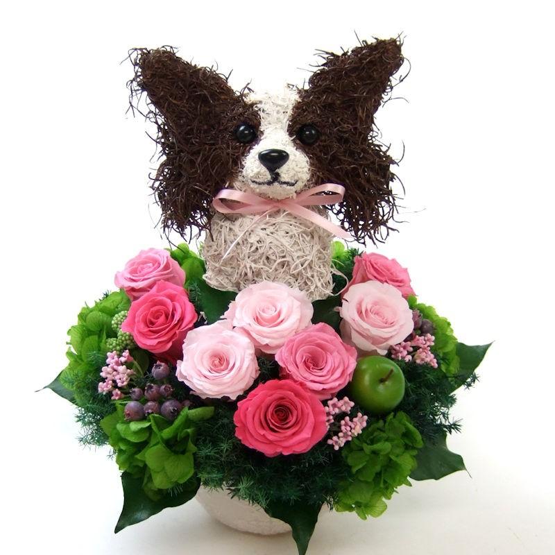プリザーブドフラワーアレンジ犬 パピヨン Cute 結婚祝い 誕生日 ギフト プレゼント 開店祝い 動物病院開院祝い ペットのお悔やみ