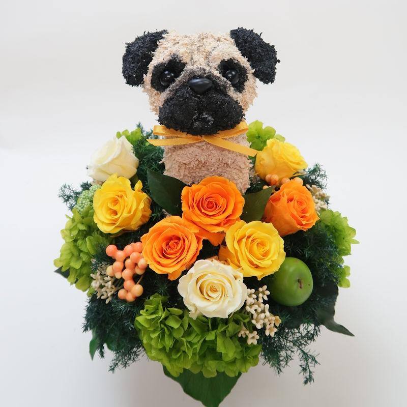 プリザーブドフラワーアレンジ犬 パグ犬 Cute 結婚祝い 誕生日 ギフト プレゼント 開店祝い 動物病院開院祝い ペットのお悔やみ