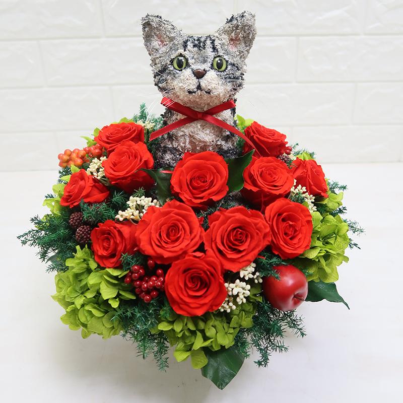 サバトラ猫のプリザーブドフラワーアレンジBeauty