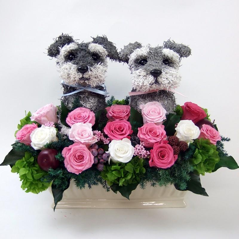 ウェルカムドール シュナウザーのトピアリープリザーブドフラワーC 犬