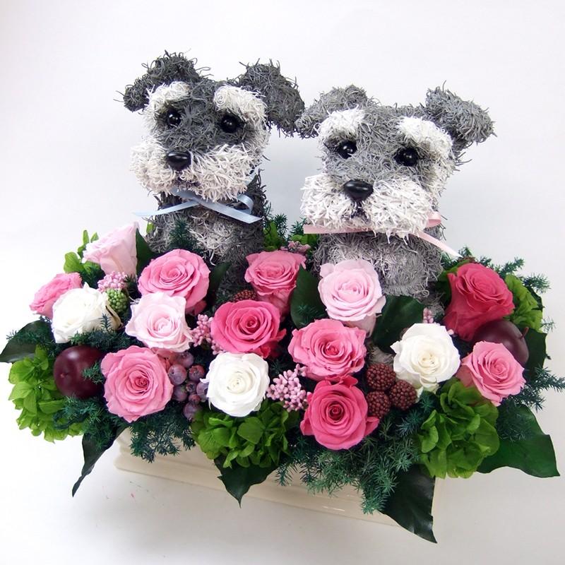 ウェルカムドール シュナウザーのトピアリープリザーブドフラワーC 犬