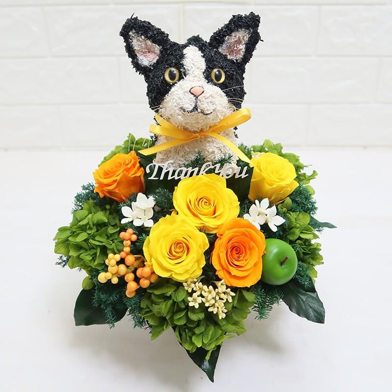 プリザーブドフラワーアレンジ 白黒猫 thank you ギフト : 動物
