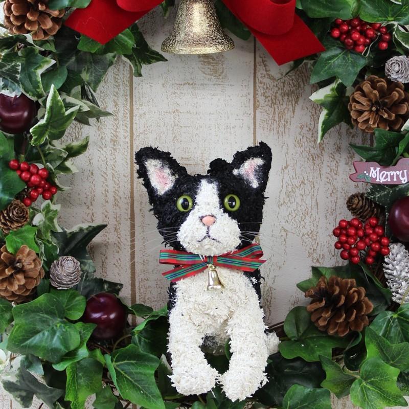 白黒猫(ハチワレ）のトピアリー クリスマスリース アートタイプ