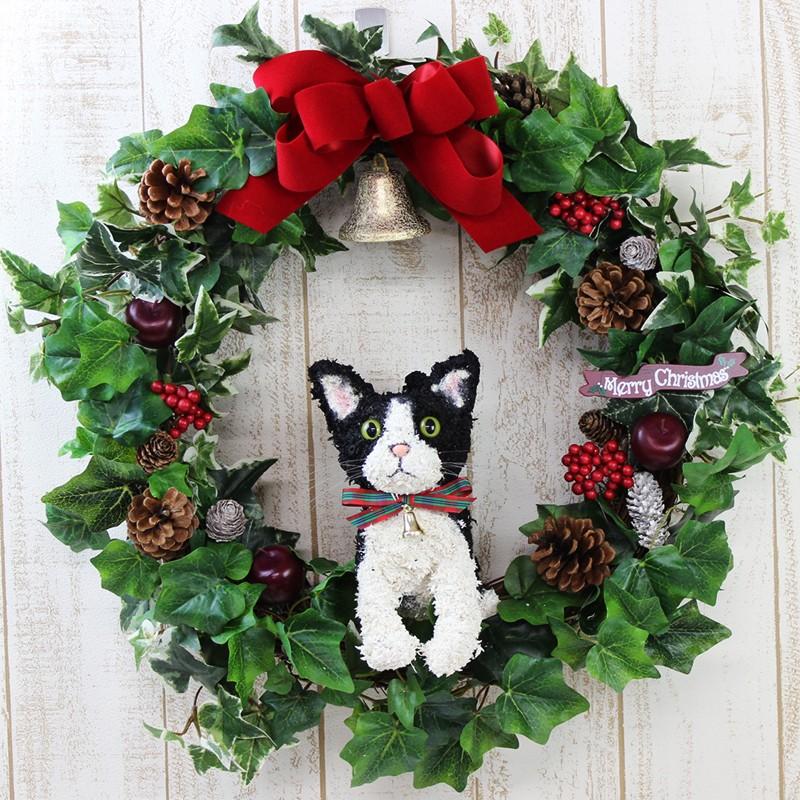 白黒猫(ハチワレ）のトピアリー クリスマスリース アートタイプ