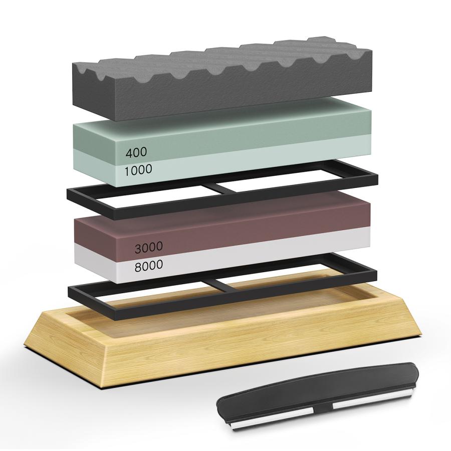 Snowon 砥石 セット 包丁研ぎ石 両面砥石 包丁研ぎ砥石400 1000、3000 8000荒砥 中砥 仕上げ砥石 滑り止め竹砥石台 修正 砥石面 直し 角度固定ホルダー付き砥石 の商品画像