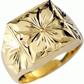18金 印台 リング ハワイアンジュエリー 指輪 レディース 太め 幅広 ゴールド 18k ピンキーリング 婚約指輪 プルメリア 花 マイレ 葉 ハワイ 人気 送料無料 sale