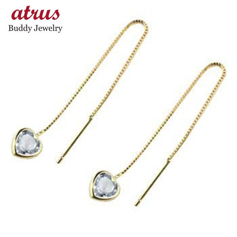 ピアス 18金 揺れる ハート ロング レディース アクアマリン アメリカン イエローゴールドk18 18k 天然石 チェーン タッセル フリンジ 揺れる ホワイトデー 2024