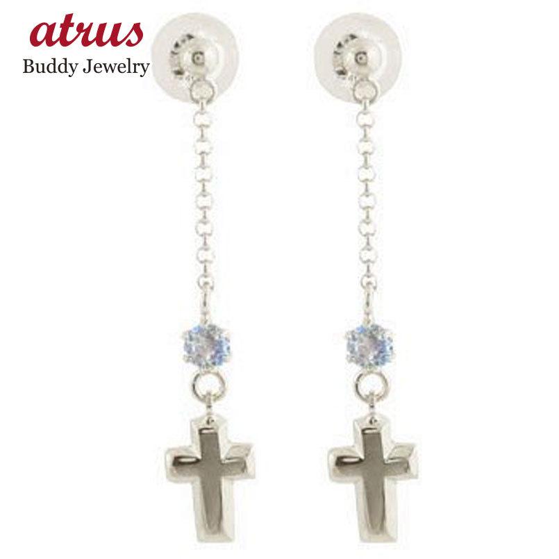 激安特価 ピアス メンズ クロス ロングピアス ブルームーンストーン ブラピアス ６月誕生石 ホワイトゴールドk18 18金 天然石チェーン タッセル フリンジ 宝石 公式の Artech Mi It