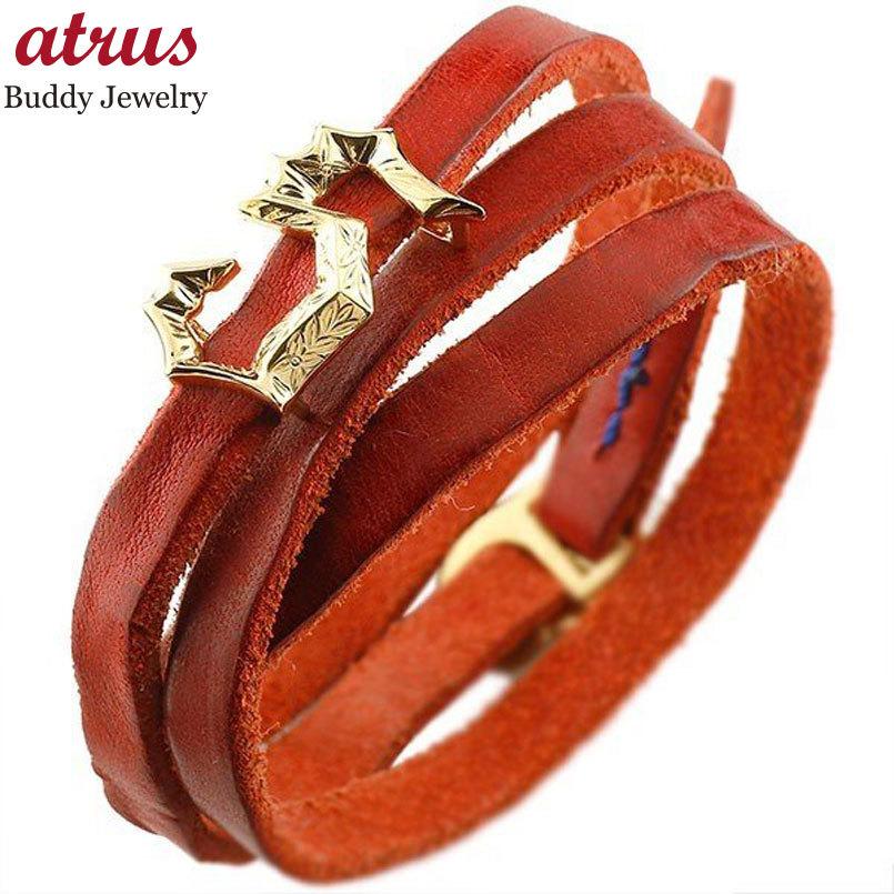 売れ筋がひクリスマスプレゼント ヴィンテージ感たっぷりの本革 地金ブレスレット 送料無料 Tokyo Contrad 東京 コントラッド 男性用 10金 K10 地金 イエローゴールドk10 レッド 3周巻き ナンバー 5 数字 和彫り ブレスレット メンズ メンズアクセサリー