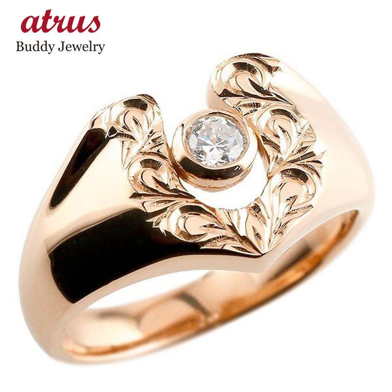 リング メンズ ハワイアンジュエリー キュービックジルコニア ピンクゴールドk18 スクロール 印台 指輪 一粒 18金 蹄鉄 幅広 男性用 人気 セール SALE