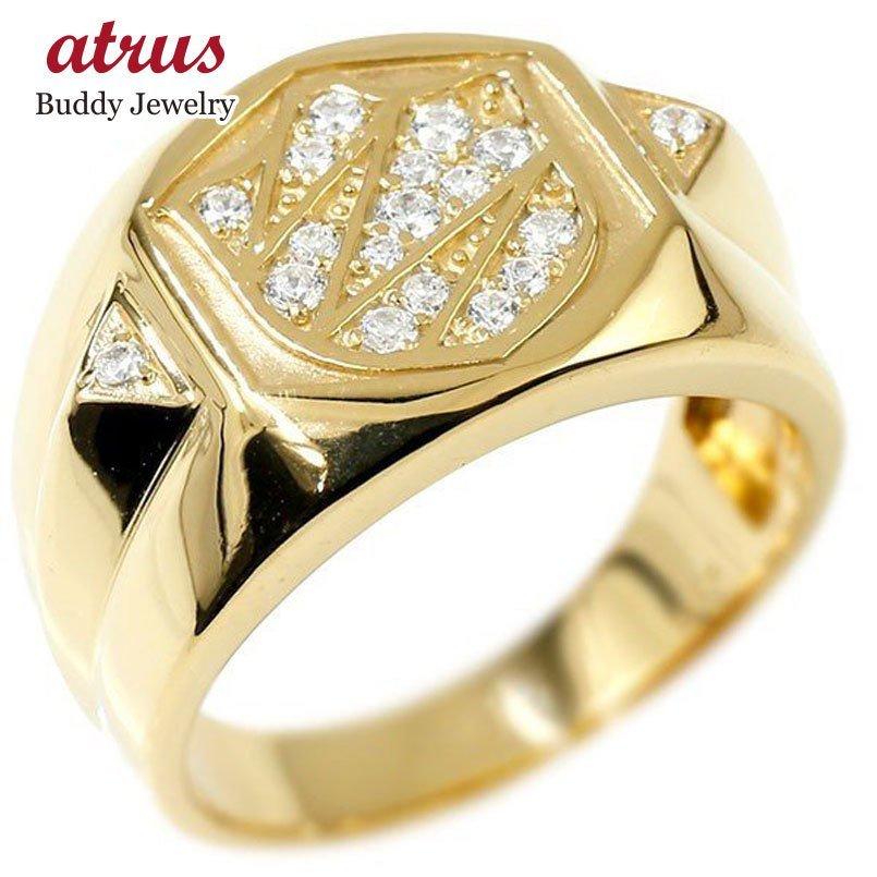 メンズ リング キュービックジルコニア シールド イエローゴールドk18 幅広 印台 指輪 リング ピンキーリング 盾 18金 男性用 送料無料 人気 セール SALE