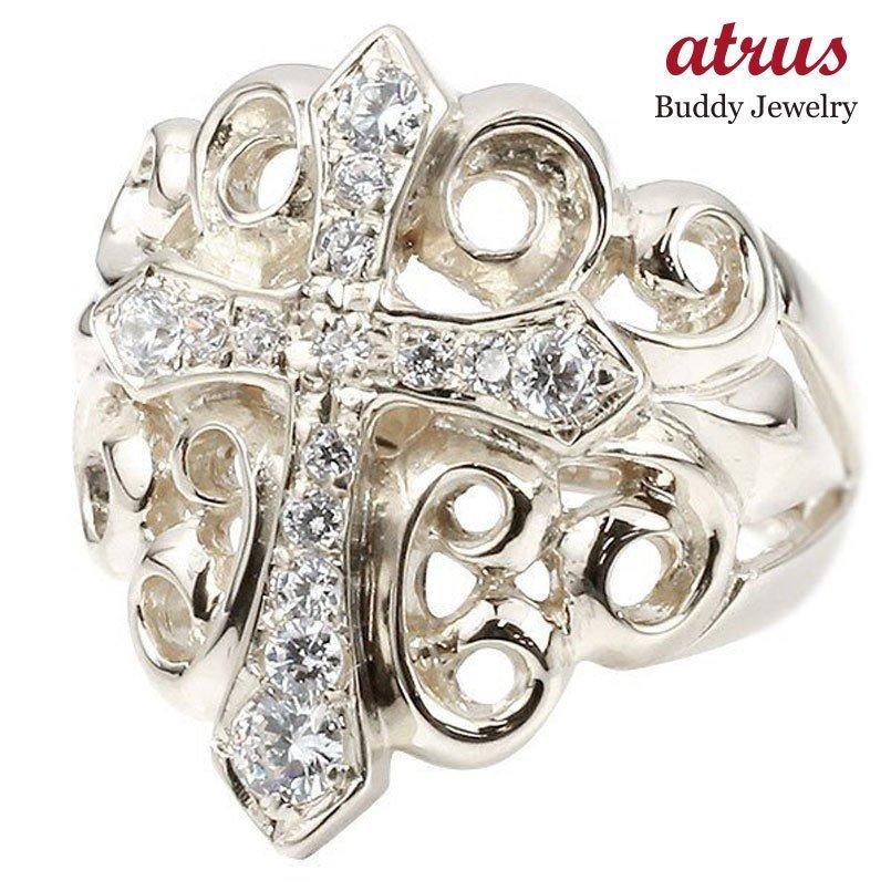 メンズ リング キュービックジルコニア クロス ホワイトゴールドk18 幅広 印台 指輪 リング ピンキーリング 十字架 18金 男性用 送料無料 人気 セール SALE