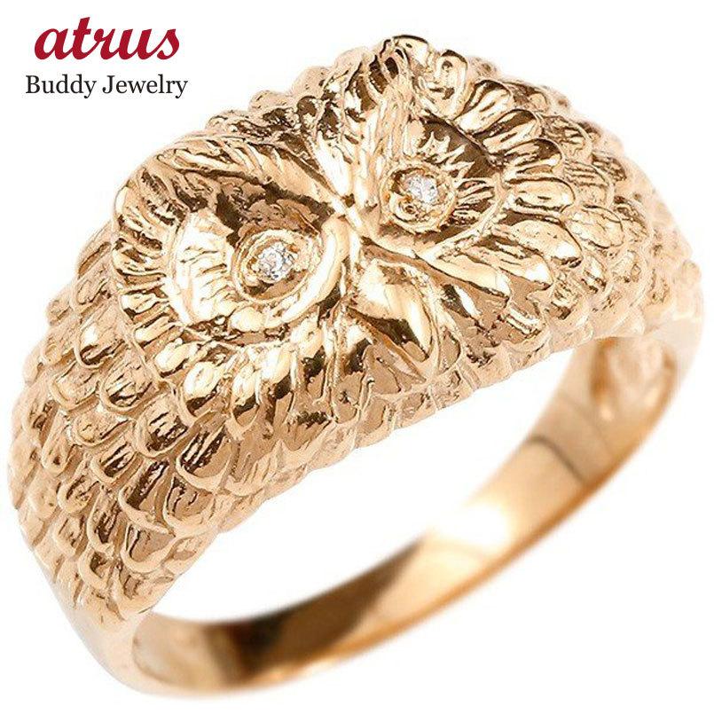 リング ダイヤモンド ふくろう ピンクゴールドk10 エンゲージリング 幅広 指輪 ピンキーリング 婚約指輪 ダイヤ 10金 フクロウ 梟 送料無料 年末年始セール