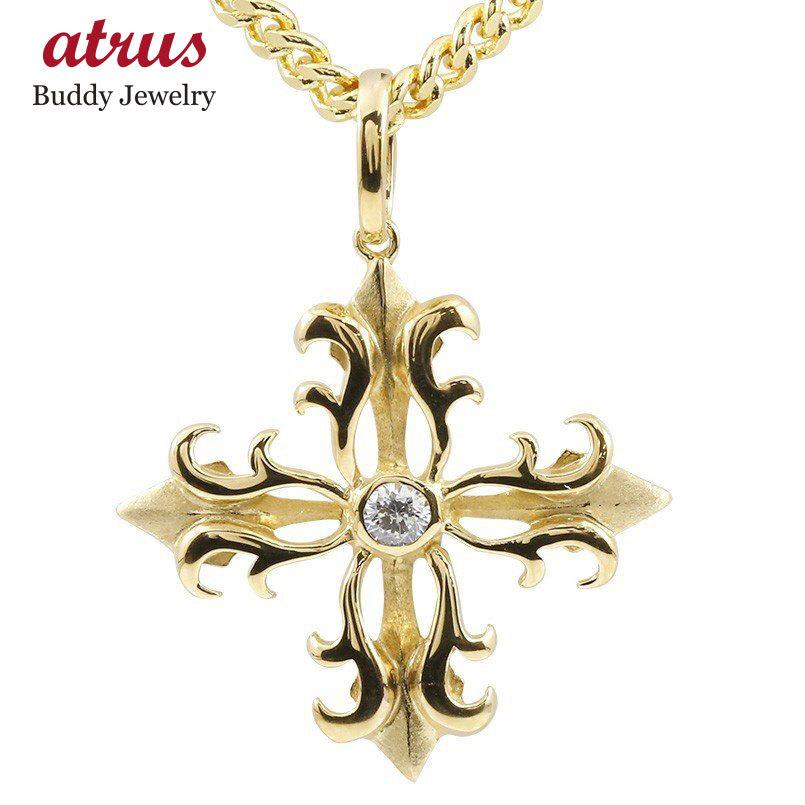 喜平 メンズ キュービックジルコニア ネックレス トップ イエローゴールドk10 クロス 透かし ペンダント 十字架 10金 キヘイチェーン つや消し セール SALE