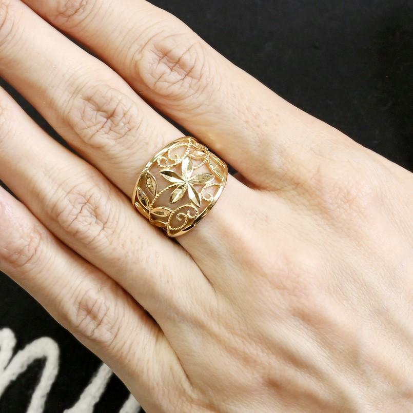 リング ゴールド 婚約指輪 イエローゴールドk18 エンゲージリング 幅広 透かし ミル打ち 花 ボタニカル 指輪 ピンキーリング 18金 レディース セール saleの画像