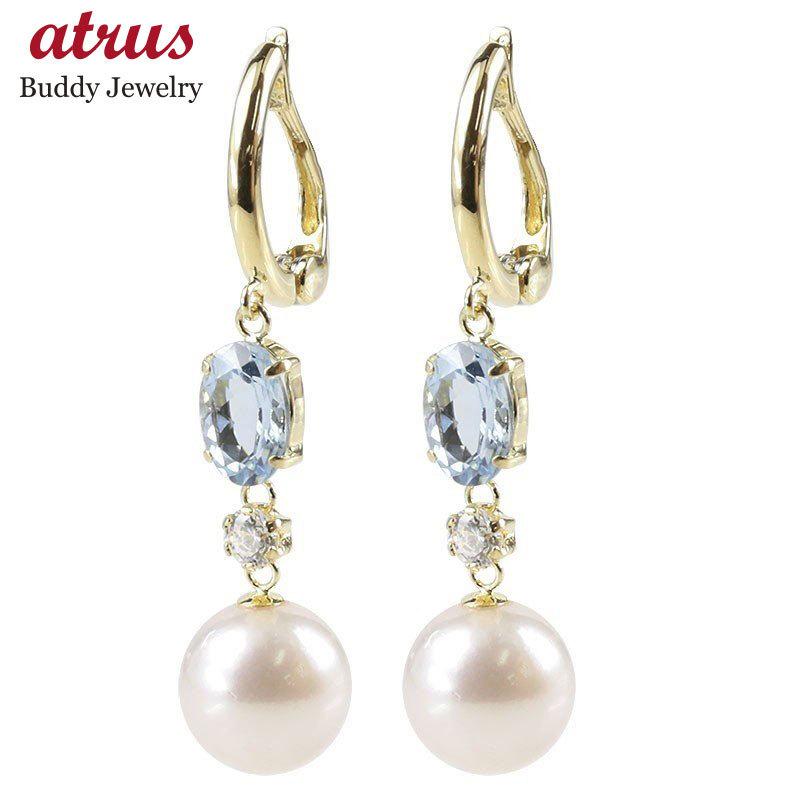 ピアリング 18金 フープイヤリング ゴールド 18k アクアマリン パール アコヤ本真珠 キュービック イエローゴールドk18 あすつく 送料無料 セール SALE